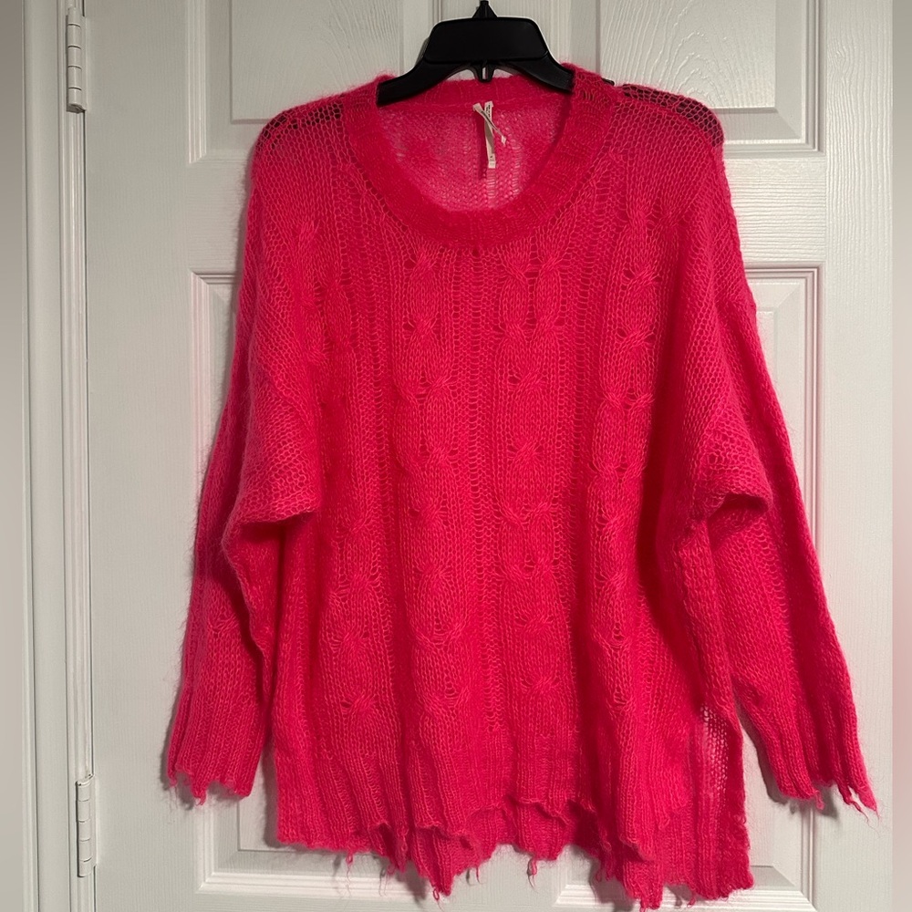 Anthropologie The Posey Stitchy Distressed Sweater in bright neon pink Large - Picture 4 of 7